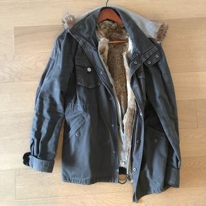 Grey coat with detachable rabbit fur vest inside
